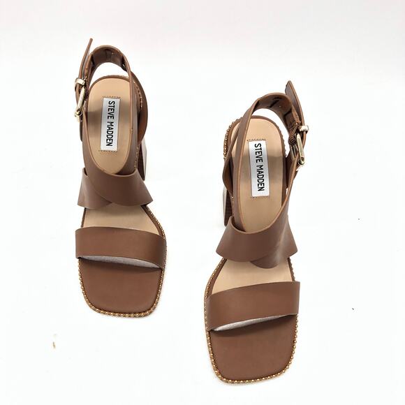 Steve Madden Womens Lighten Platform Sandal Leather Buckle Cognac 7 New - Picture 9 of 10